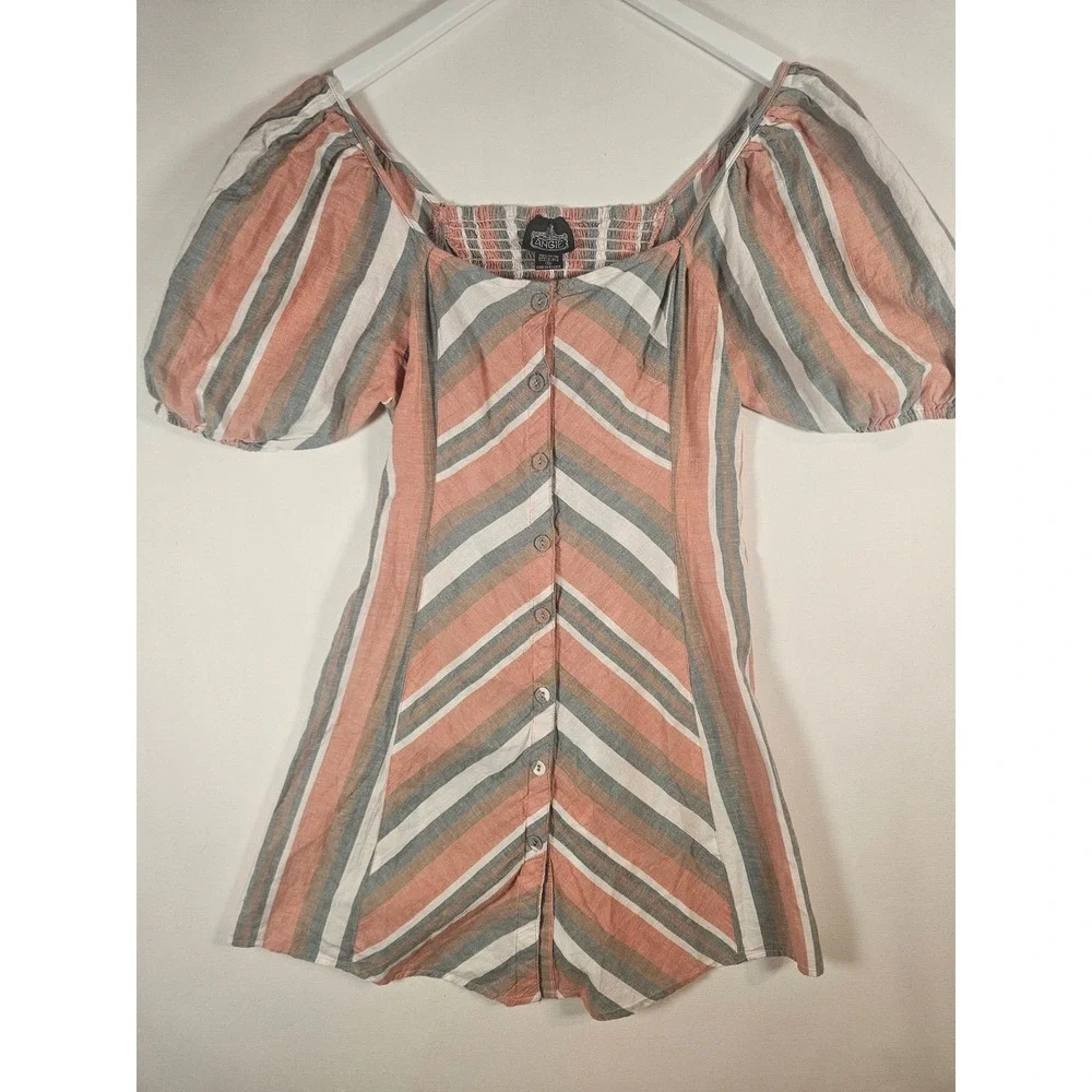 Angie Striped Dress Women Medium Cotton Boho Puff Sleeve Button Coastal